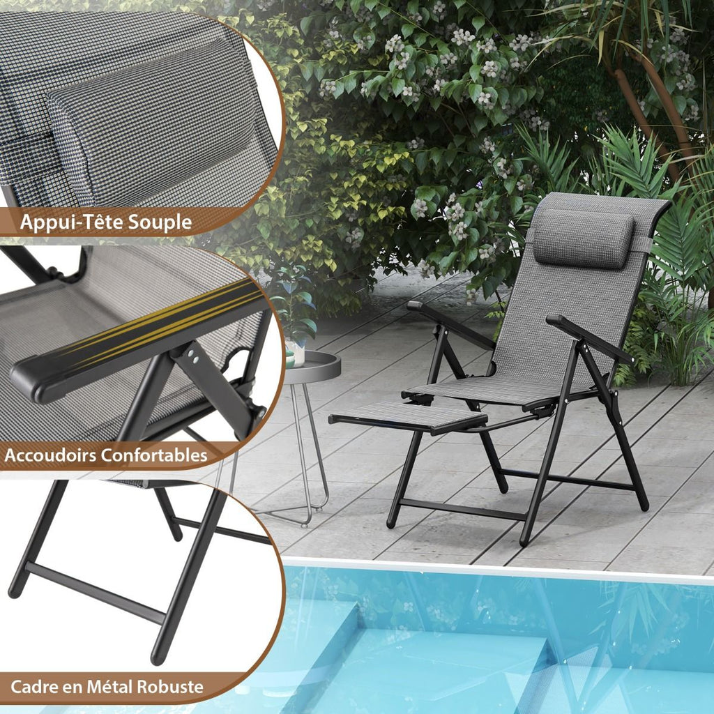 Lot de 2 Chaises Longues Pliantes et Inclinables Dossiers et Accoudoirs Réglables à 10 Niveaux Repose-Pied Rétractable Capacité 150 Kg Gris -