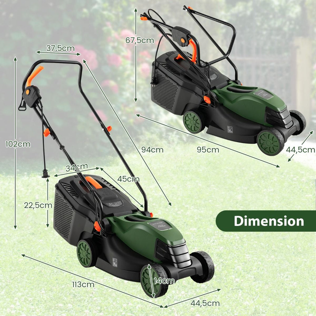 Tondeuse à Gazon Électrique Filaire 1500 W 4015 TR/Min Boîte de Collecte 35 L 3 Hauteur Réglables 25-65 MM Largeur de Coupe 34 CM Vert -