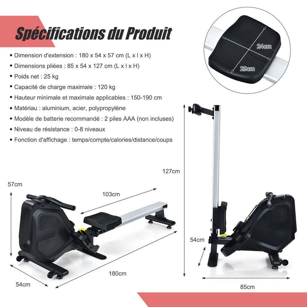 Rameur Magntique Rsistance 8 Niveaux Pliable 2 Roues Flexibles Rail Coulissant en Aluminium Ecran LCD Support d'Appareil -