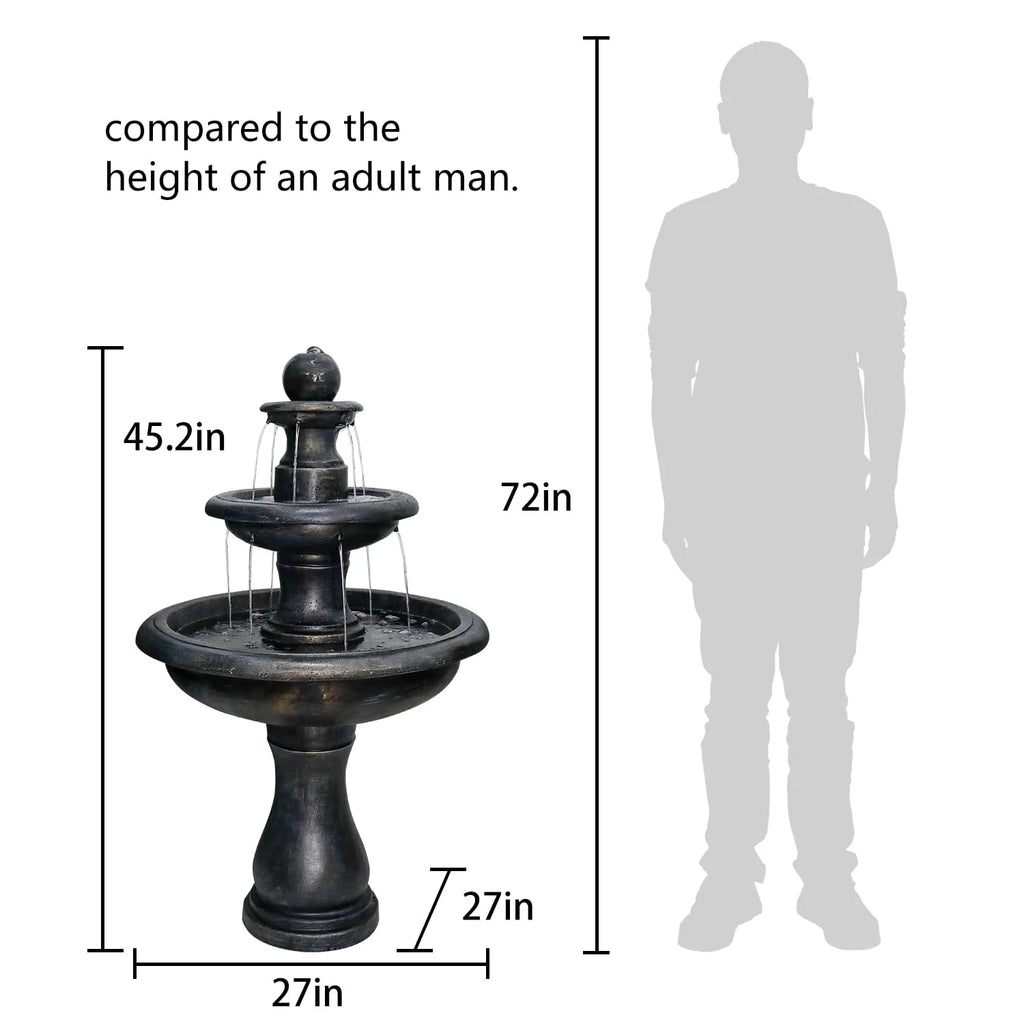 48�?h Outdoor Floor Water Fountain, 3 - Tiers Concrete Water Fountain with Submersible Electric Pump - Garden Cascading Waterfall for Yard Patio Lawn Home Decor