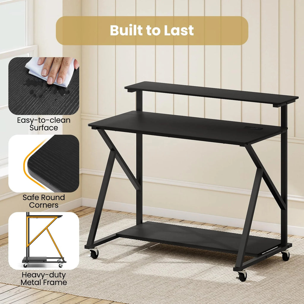 Tangkula 39.5" Mobile Computer Desk with Power Outlets for Home Office Bedroom