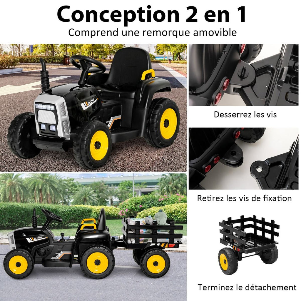 Tracteur Electrique avec Remorque pour Enfants 3 Vitesses Lumières LED Fonctions o USB et Bluetooth Jaune/Rose/Rouge/Vert/Vert Foncé/Noir -