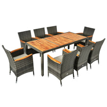 Load image into Gallery viewer, Salon de jardin avec 1 table et 8 chaises en bois et rotin anti-uv pieds réglables et coussins imperméables inclus 20_0009211 -