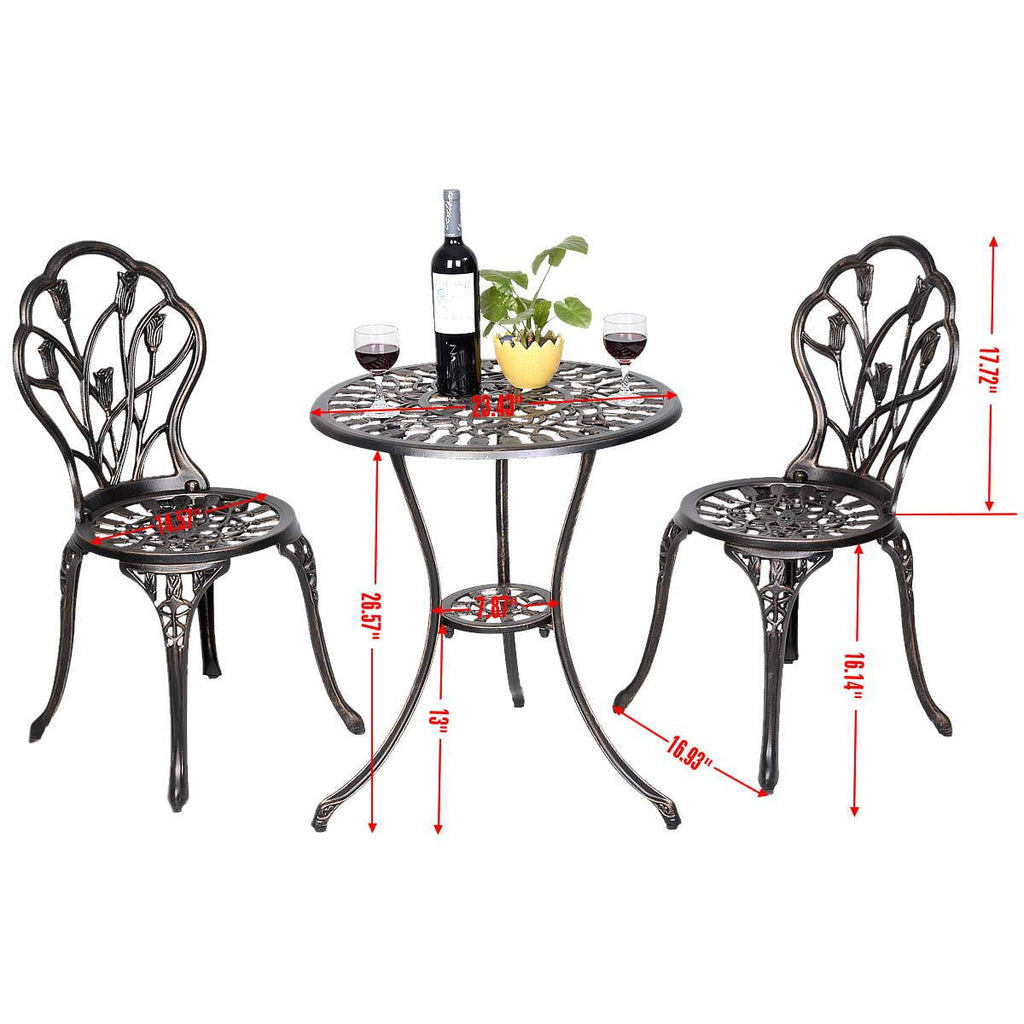 Salon de jardin avec 1 table ronde et 2 chaises en fonte d’aluminium Style rétro avec motif tulipe avec trou de parasol -