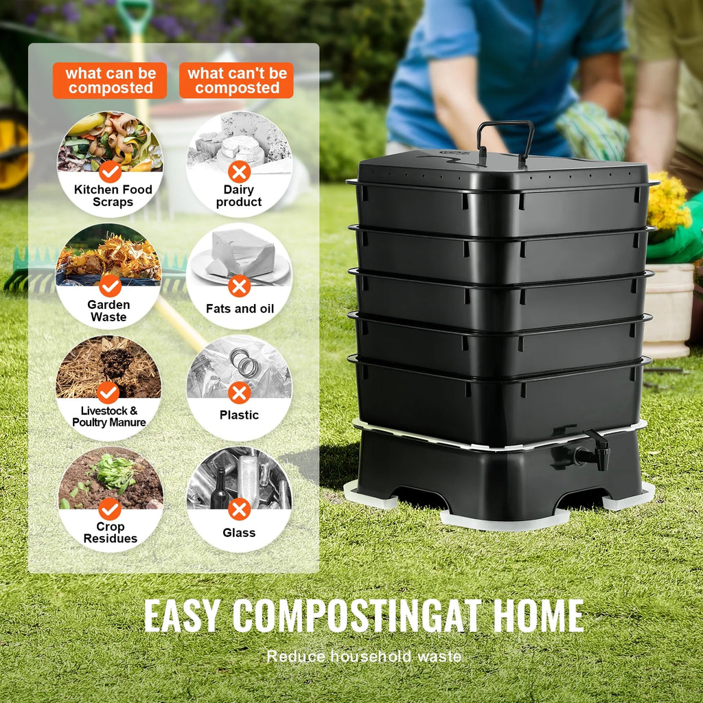 VEVOR 5 - Tray Worm Composter, 50 L Worm Compost Bin Outdoor and Indoor, Sustainable Design Worm Farm Kit, for Recycling Food Waste, Worm Castings, Worm Tea, Vermiculture and Vermicomposting