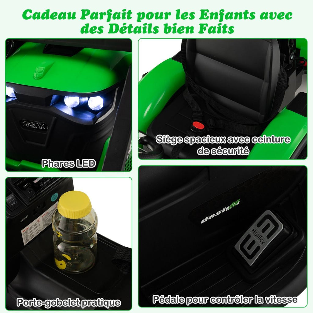 Tracteur Electrique 12 V pour Enfants 3-5 km/h Tlcommande MP3 USB Vert/Jaune -