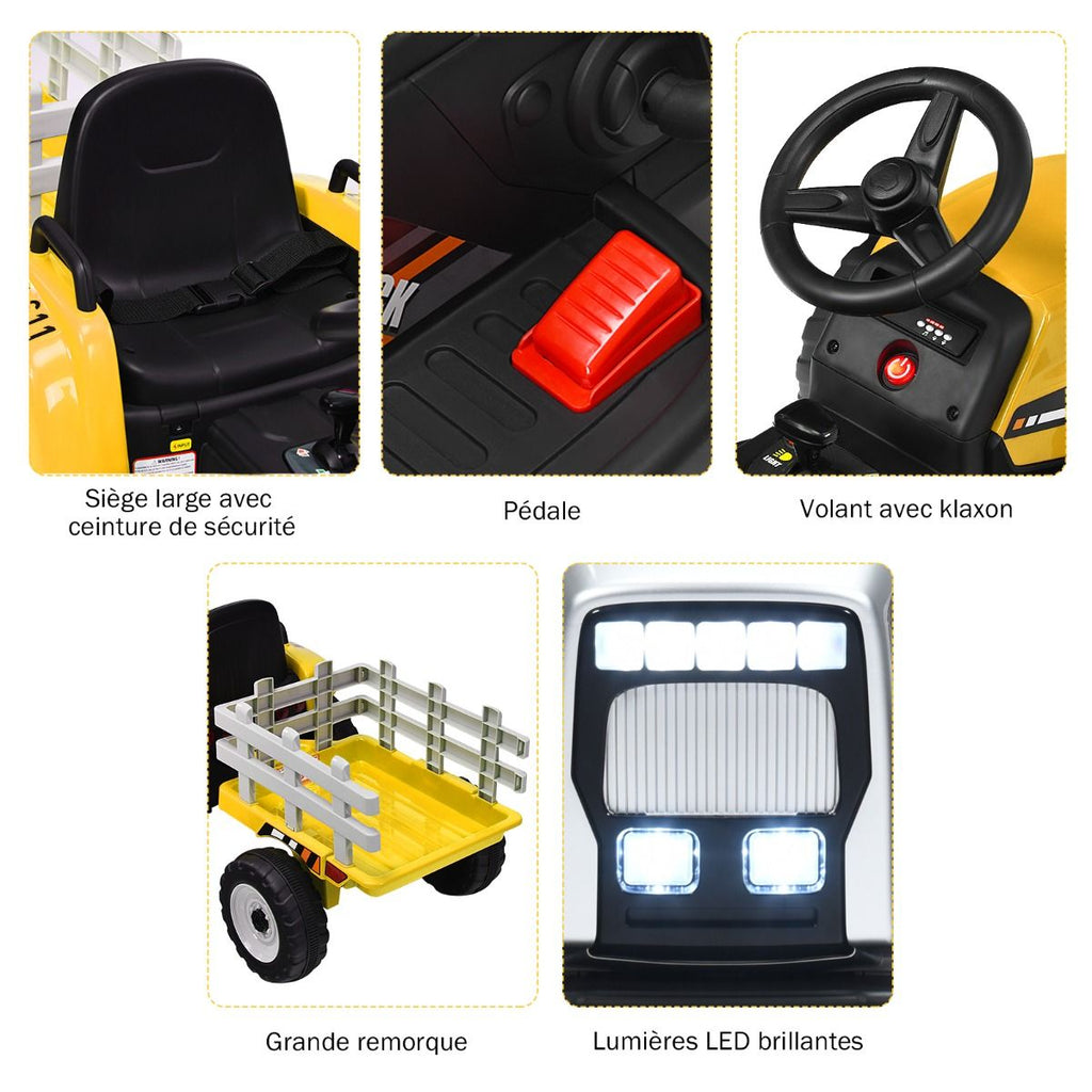 Tracteur Electrique avec Remorque pour Enfants 3 Vitesses Lumires LED Fonctions o USB et Bluetooth Jaune/Rose/Rouge/Vert/Vert Fonc/Noir -