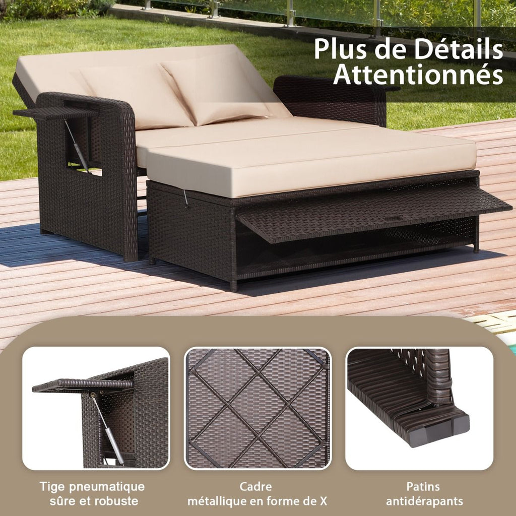 Salon de Jardin Extrieur Ajustable  Lit,2 Place avec Stockage Cach,Dossier Rglable  4 Niveaux en Rotin PE -
