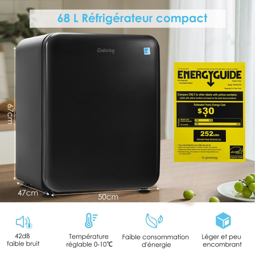 Mini Frigo 68L 220-240V tagres Amovibles et Porte Rversible Temprature 0 掳C - 10 掳C pour Maison Chambre Bureau -