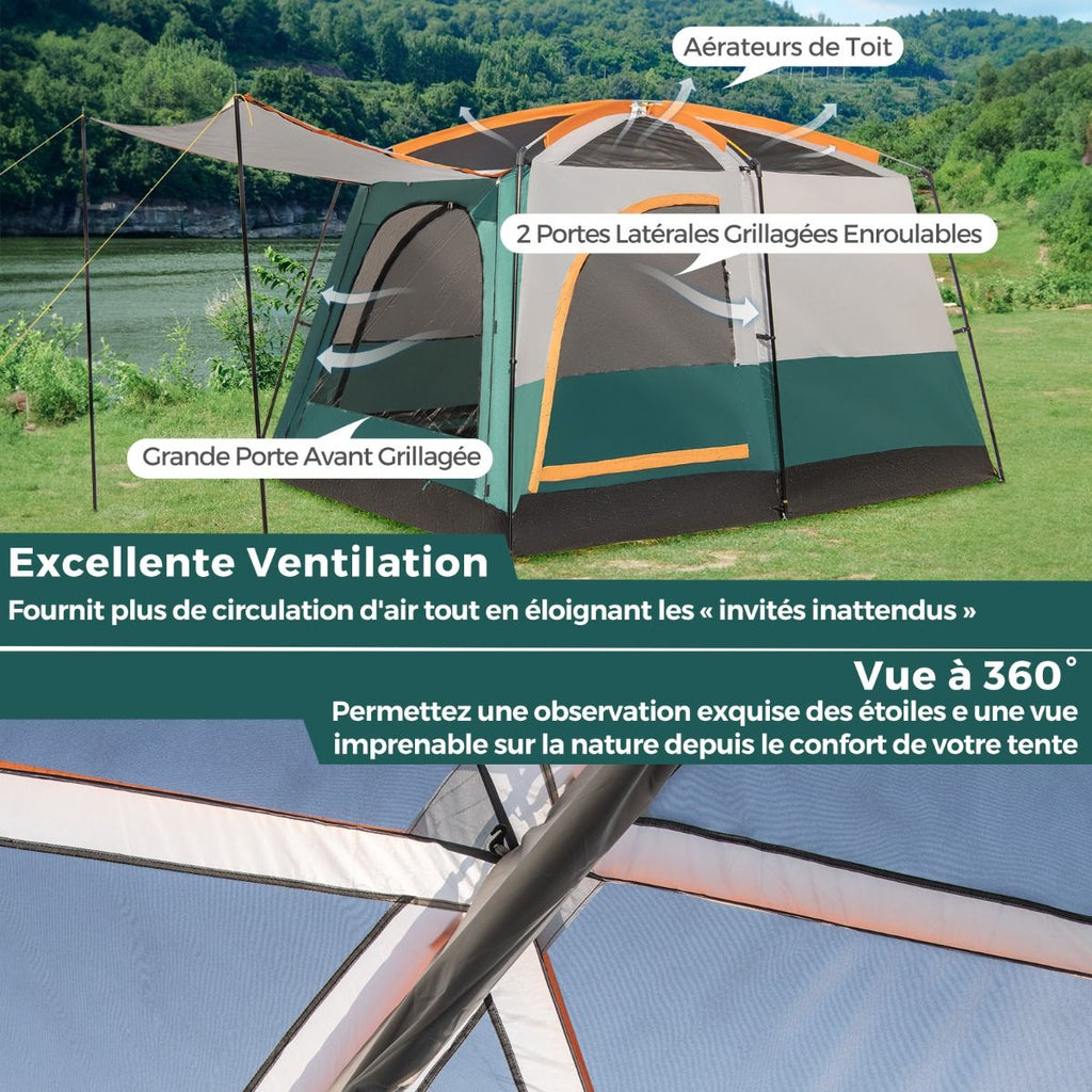 Tente de Camping pour 6 Personnes avec 2 Pièces Tente Double Couchage Double Toit Bâche en Pe Fenêtres en Maille Imperméable avec Sac de Transport Vert -