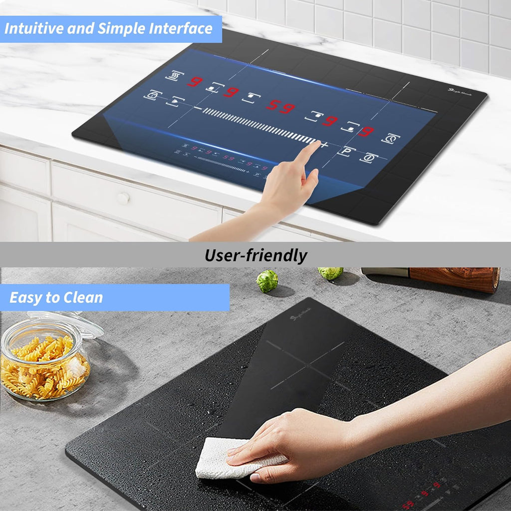Plaque Induction 4 Feux, Plaque de Cuisson Induction avec Technologie Demi-Pont, Fonction Boost, Chauffage Uniforme, Minuterie 99 Min, Verrouillage Sécurité 6400W