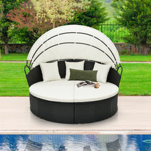 Load image into Gallery viewer, Lit Canap de Jardin Rond en Rotin PE Auvent Rtractable Coussins et Oreillers Amovibles Salon de Jardin Modulable Blanc -