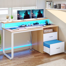 Load image into Gallery viewer, Dextrus 47 in Computer Desk with Storage Drawers &amp; LED Light, Office Desk with Monitor Stand &amp; Power Outlets, Work Study PC Desk for Small Spaces, Home Office, Oak