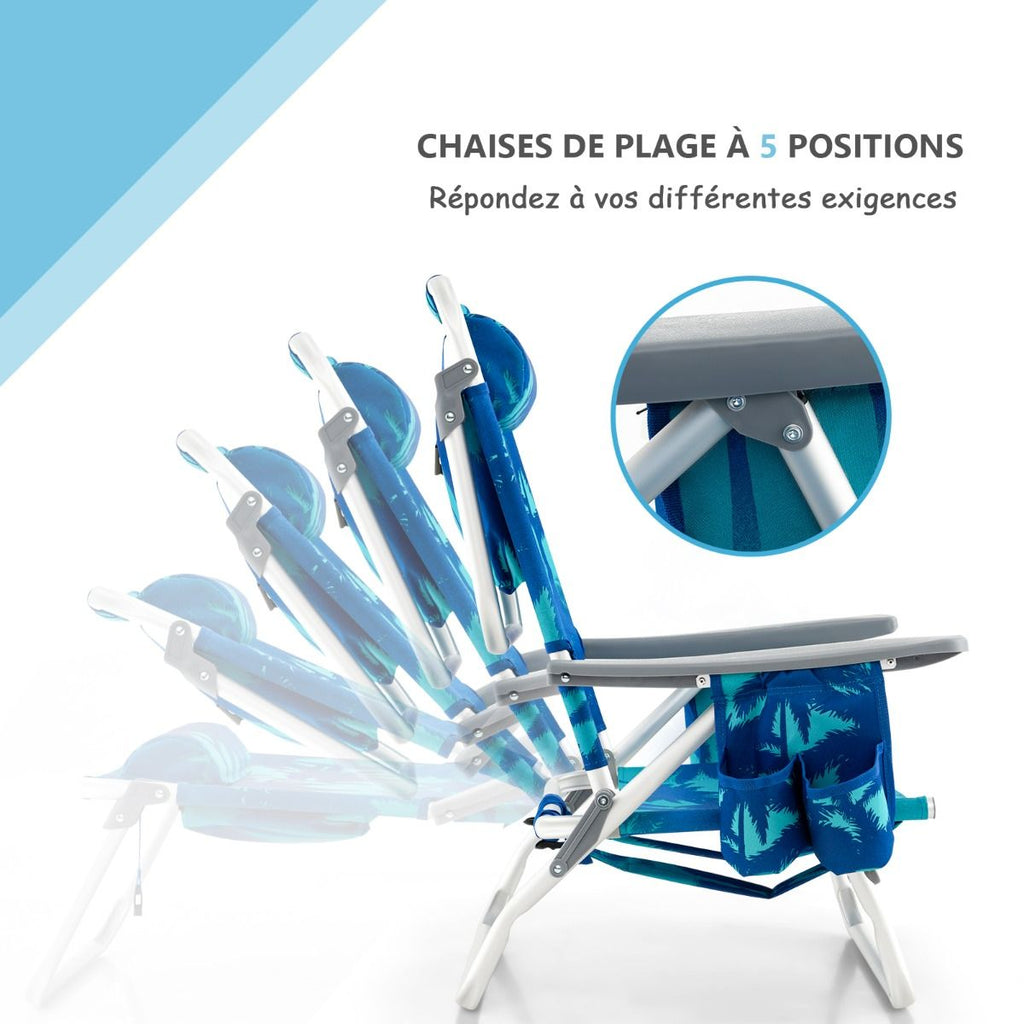Lot de 2 Chaises de Camping Plage Pliante Table Enroulable en Aluminium Appui-tête Dossier Réglable à 5 Positions 6 Couleurs au Choix -