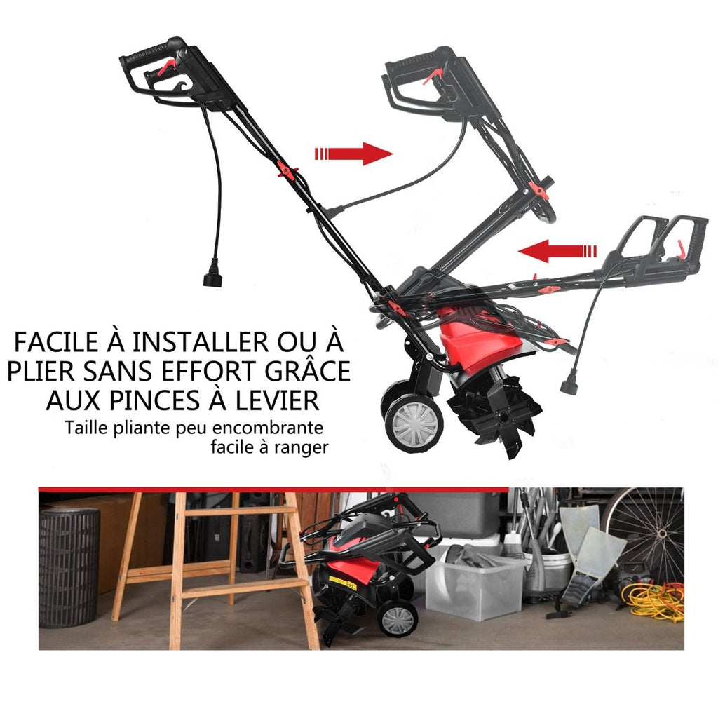 Motobineuse Motoculteur Électrique 1500W Profondeur Travail 22CM Largeur 43CM avec Poignée Pliable Roues Réglables 6 Lames -
