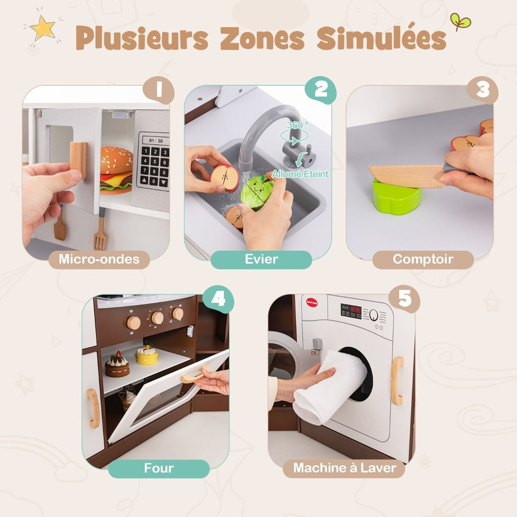 Jeu de Cuisine d'Angle pour Enfants de 3 Ans et Plus en Bois Machine à Glaçons Porte-serviettes Accessoires Effets Sonores et Lumineux -