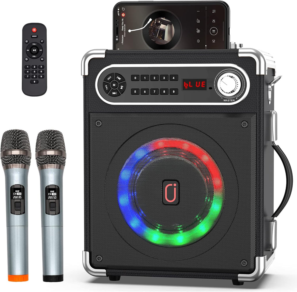 JYX Machine de Karaoké, Bluetooth Speaker pour Adultes avec 2 Microphones sans Fil, Système de Karaoké Portable pour soirée à la Maison/au Camping