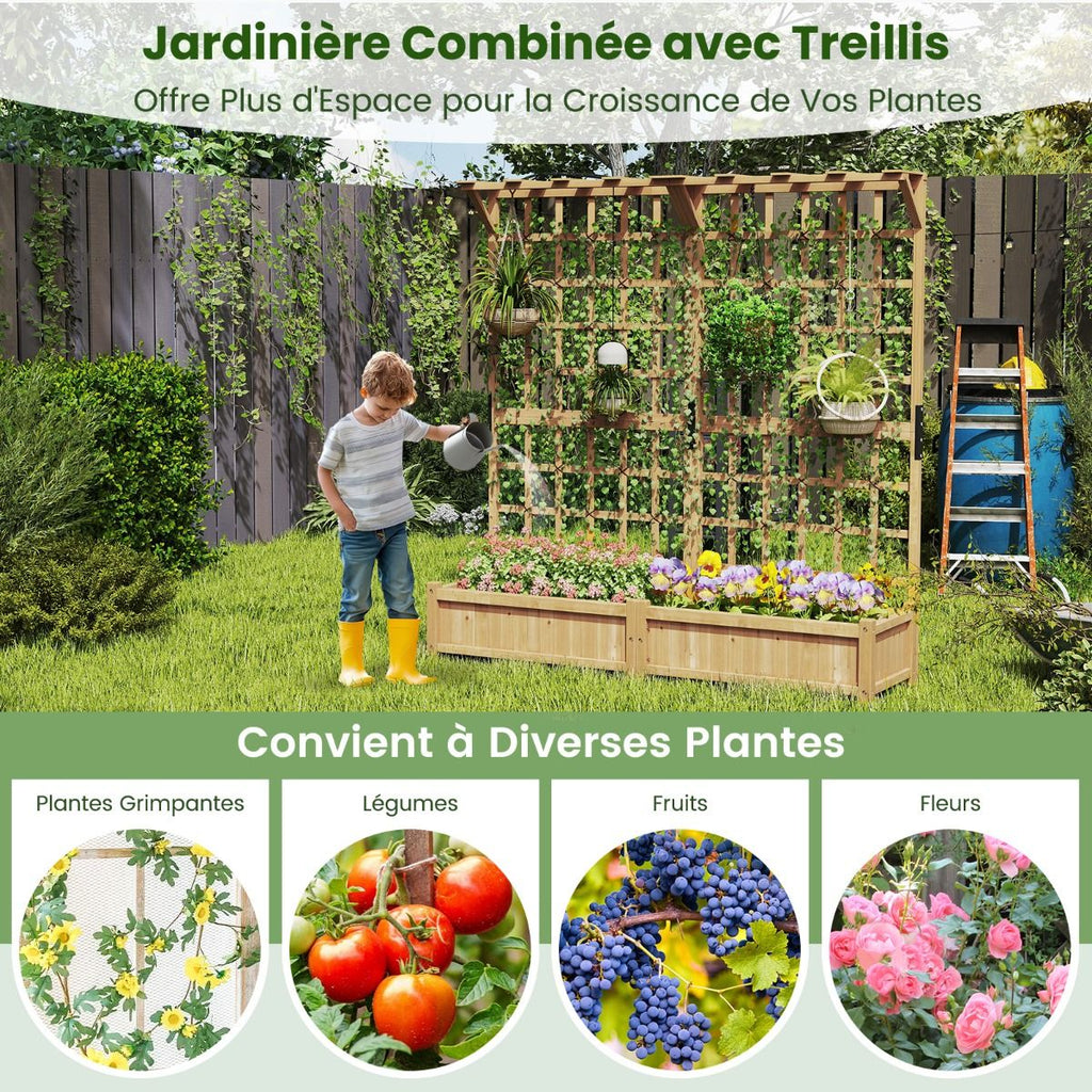 Jardinière avec 2 Treillis 2 Bacs Toit Suspendu en Bois Lit de Jardin Surélevé avec 4 Trous de Drainage 180 x 48 x 183 cm Orange -