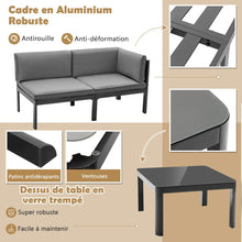 Load image into Gallery viewer, Salon de Jardin Extrieur avec Table Basse en Verre Tremp Canapavec Dossier Inclinable  6 Niveaux Coussins Inclus Gris -