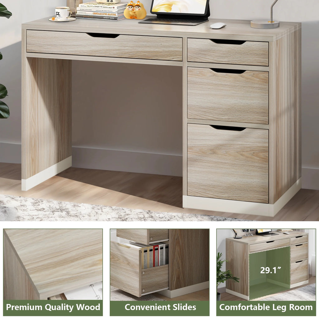 Dreamcurship White Desk with Drawers, Modern Computer Desk with File Drawers, Home Office Study Writing Desk with Storage, White