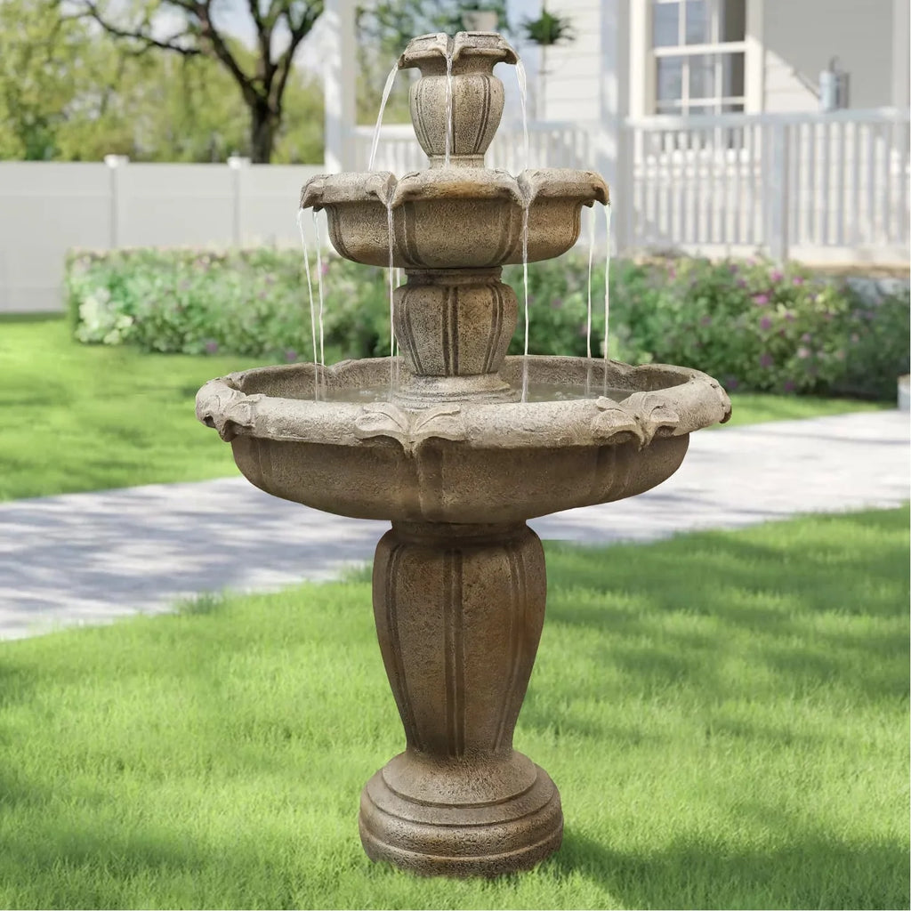 48�?h Outdoor Floor Water Fountain, 3 - Tiers Concrete Water Fountain with Submersible Electric Pump - Garden Cascading Waterfall for Yard Patio Lawn Home Decor