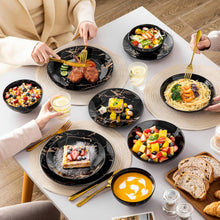 Load image into Gallery viewer, LOVECASA Service de Table 6 Personnes - Collection Daphne en Grès - 24 Pièces (Assiettes Plates, Dessert, Bols Céréales, Pâtes) Design Noir &amp; Doré