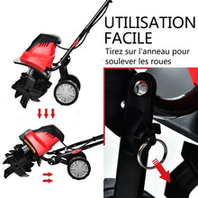 Load image into Gallery viewer, Motobineuse Motoculteur Électrique 1500W Profondeur Travail 22CM Largeur 43CM avec Poignée Pliable Roues Réglables 6 Lames -