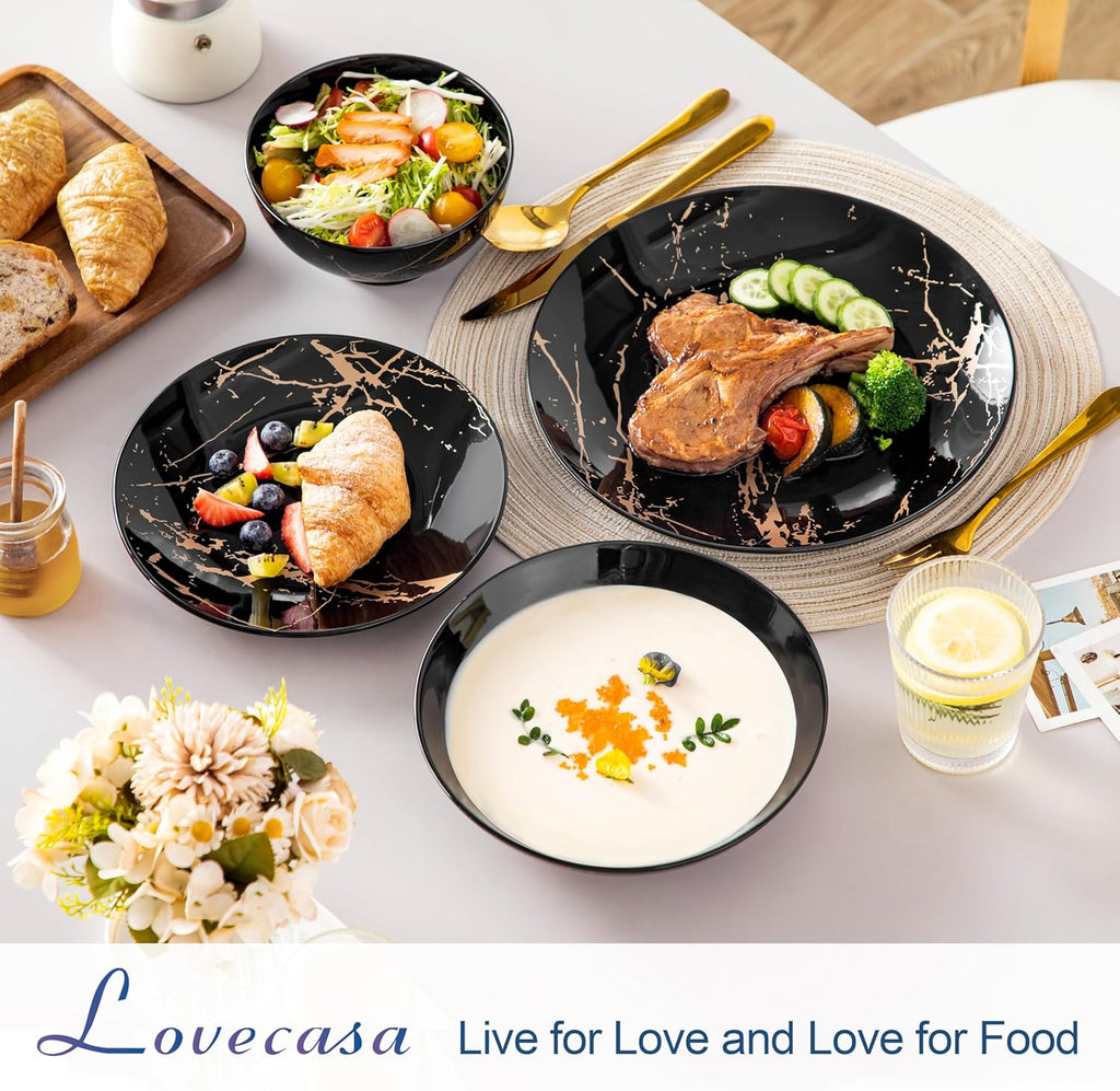 LOVECASA Service de Table 6 Personnes - Collection Daphne en Grès - 24 Pièces (Assiettes Plates, Dessert, Bols Céréales, Pâtes) Design Noir & Doré