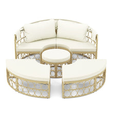 Load image into Gallery viewer, Lit de Repos Rond pour Patio avec Auvent Rétractable Ensemble de Siège Sectionnels Séparés en Rotin PE avec Coussins Doux Blanc -