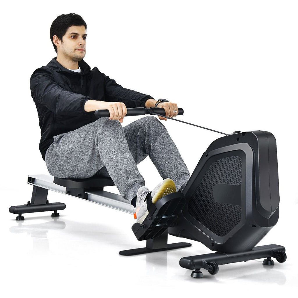 Rameur Magnétique Résistanceà 8 Niveaux Pliable 2 Roues Flexibles Rail Coulissant en Aluminium Ecran LCD Support d'Appareil -