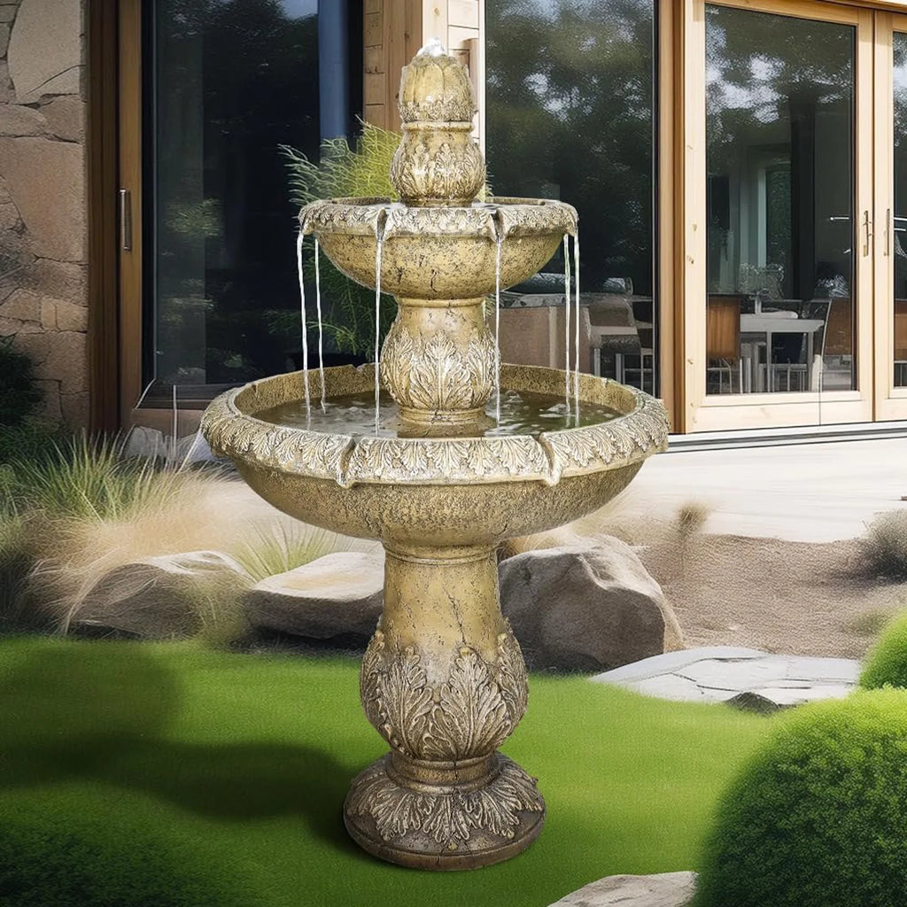48�?h Outdoor Floor Water Fountain, 3 - Tiers Concrete Water Fountain with Submersible Electric Pump - Garden Cascading Waterfall for Yard Patio Lawn Home Decor