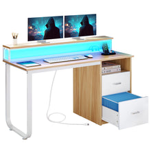 Load image into Gallery viewer, Dextrus 47 in Computer Desk with Storage Drawers &amp; LED Light, Office Desk with Monitor Stand &amp; Power Outlets, Work Study PC Desk for Small Spaces, Home Office, Oak
