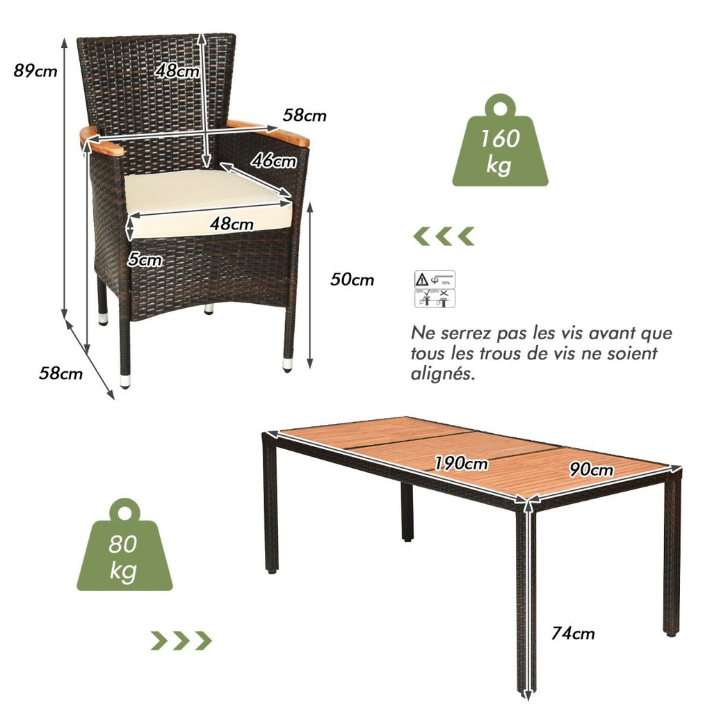 Salon de Jardin en Rotin 9 Pièces pour 8 Personnes Plateau de Table en Acacia Ensemble de Salle à Manger avec Coussins Amovibles Charge 160KG -