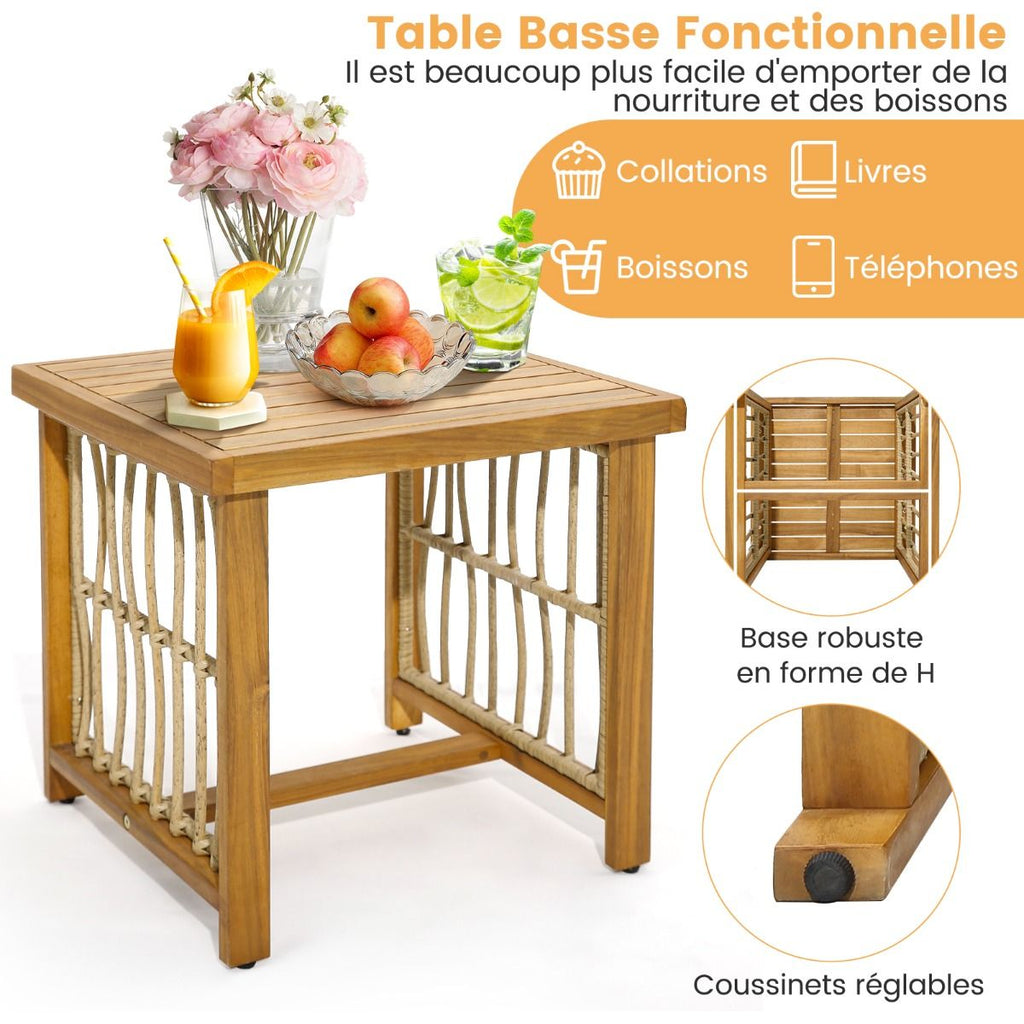 Salon de Jardin avec 1 Table et 2 Fauteuils en Bois d'Acacia et Rotin Anti-UV Pieds Réglables Coussins avec Zip Nautel -