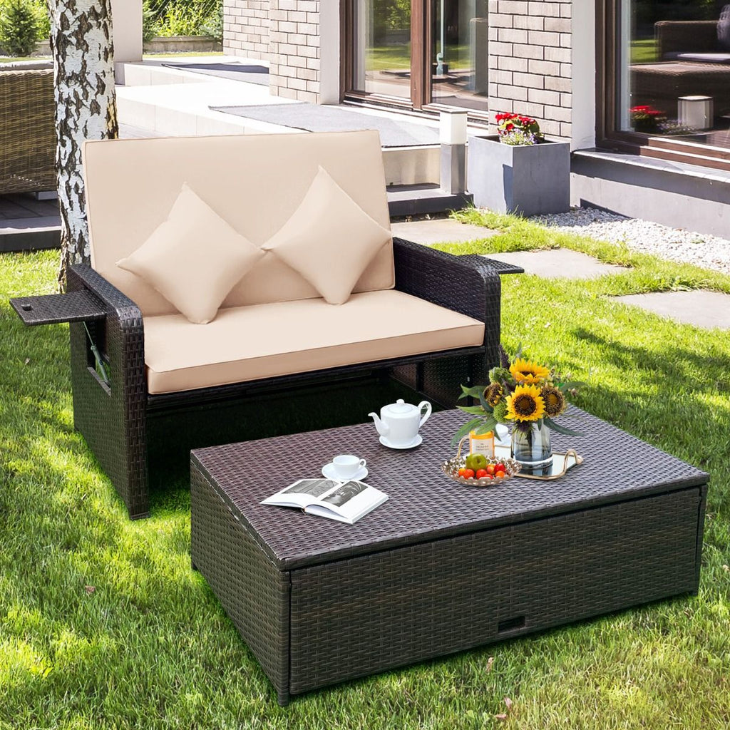 Salon de Jardin Extérieur Ajustable à Lit,2 Place avec Stockage Caché,Dossier Réglable à 4 Niveaux en Rotin PE -