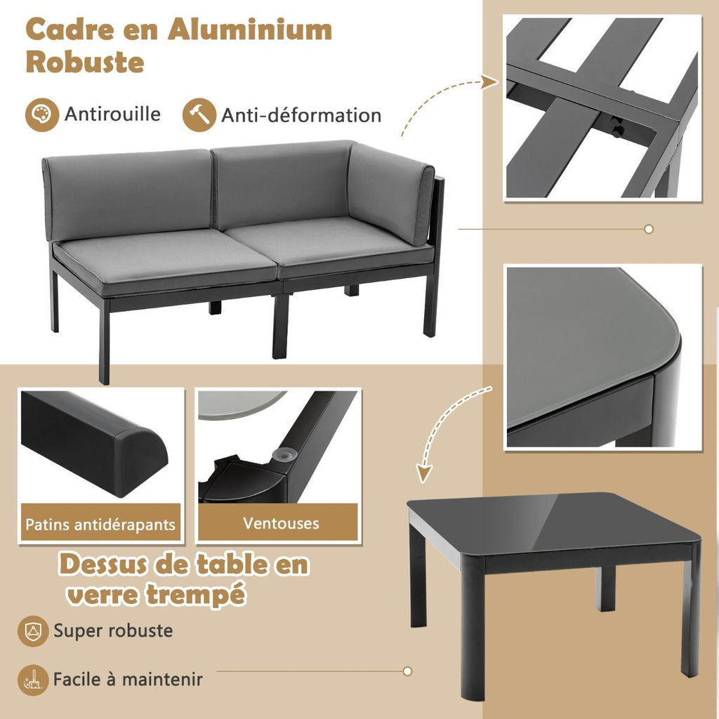 Salon de Jardin Extérieur avec Table Basse en Verre Trempé Canapéavec Dossier Inclinable à 6 Niveaux Coussins Inclus Gris -