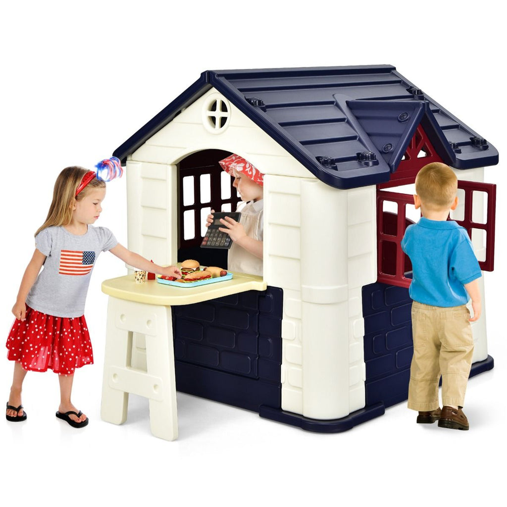 Maison Chef House -Thme Burger Bar - Table de Pique Nique Cabane de Jardin Anti-UV en Plastique 164x124x132 cm Bleu/Rose/Jaune -