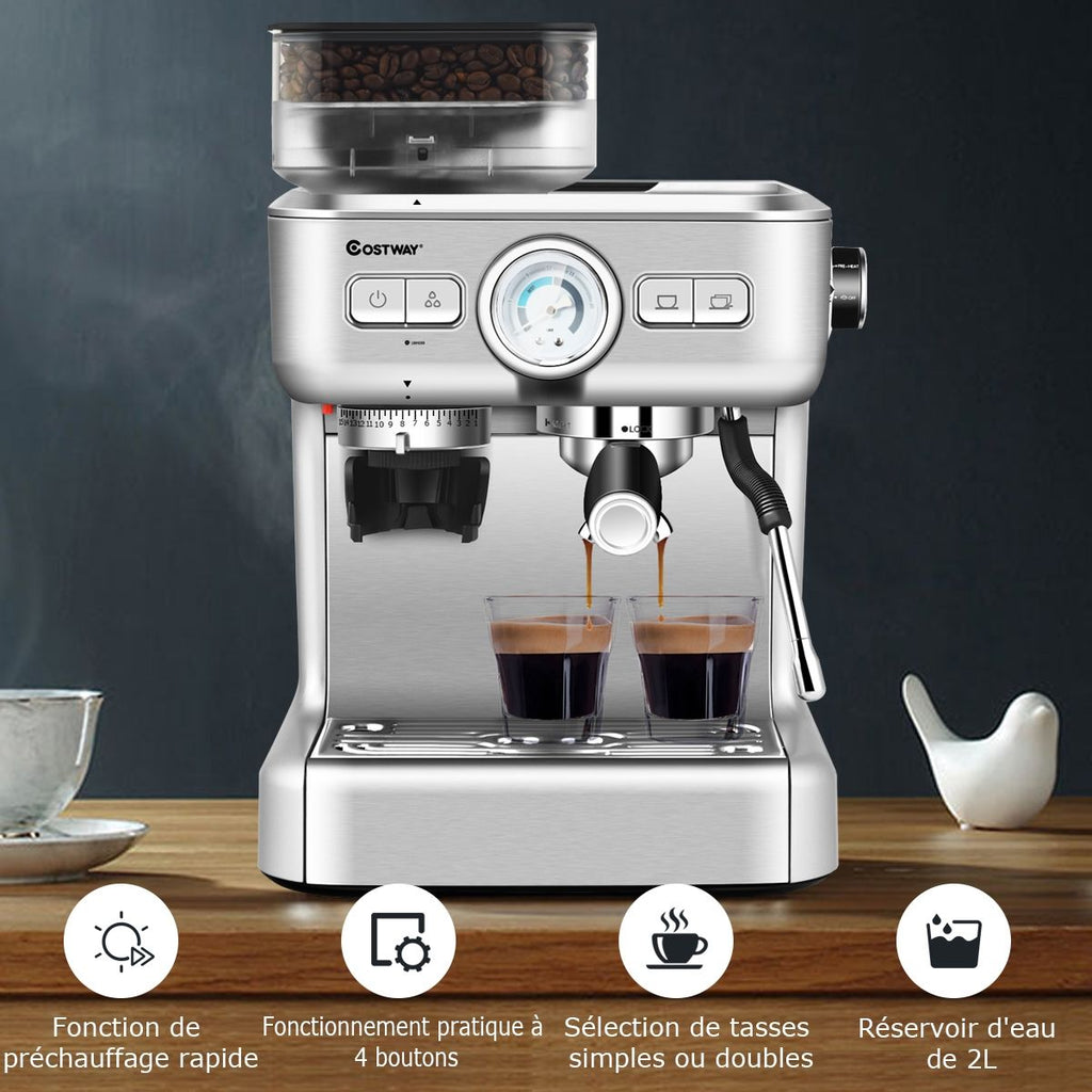 Machine à Café Automatique avec Broyeur à Grains 1350W 30 Niveaux de Poudre de Café Réglables Température Réglable -