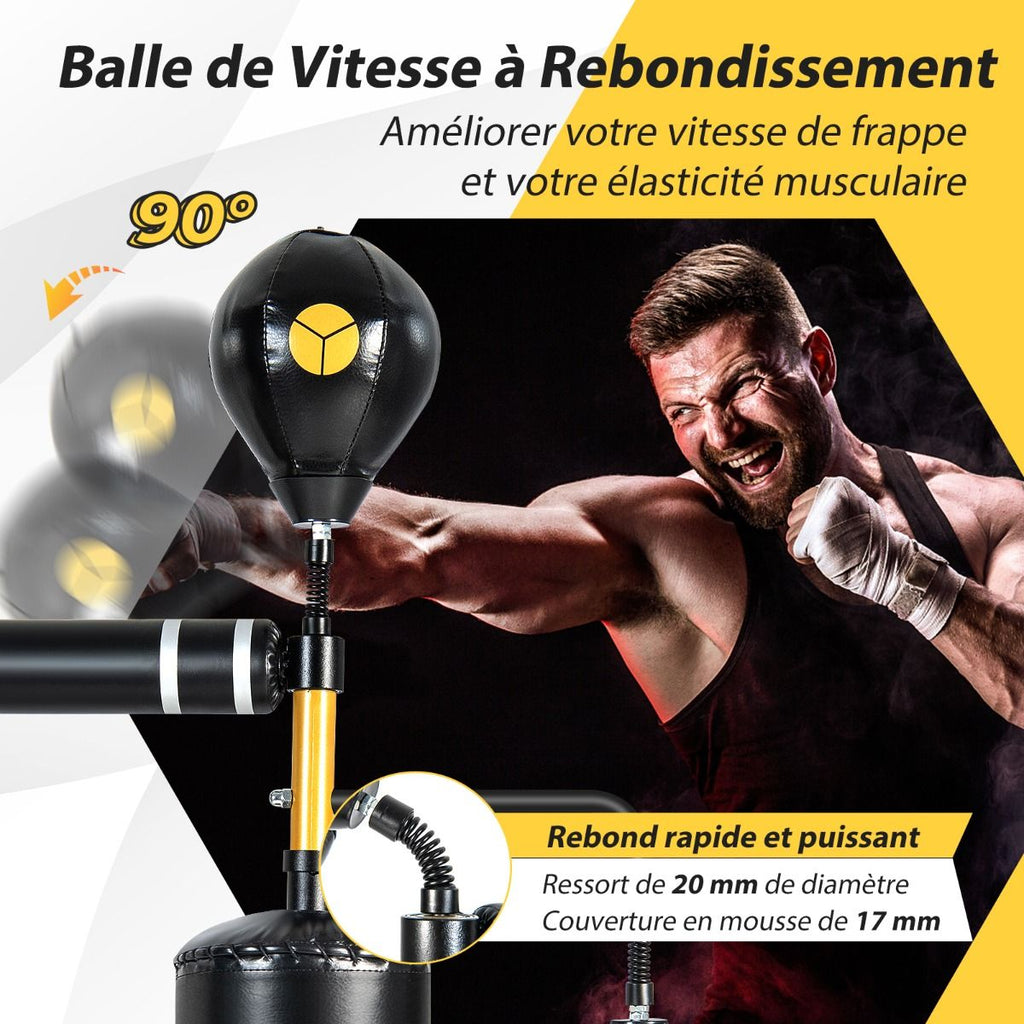 Sac de Frappe sur Pied Entraîneur de Vitesse en Boxe Barre Pivotante à 360° Punching Ball Hauteur Réglable 168-201cm pour MMA Adolescents & Adultes -