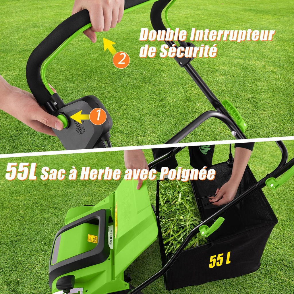 Scarificateur Électrique 2 en 1 de 15A avec Double Interrupteur de Sécurité Réglable Sac de Ramassage 55 L Scarificateur Orange/Vert -