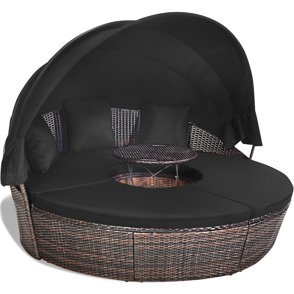 Lit de Jardin Rond d'Exterieur Table Relevable Modulable & Convertible - Pare Soleil Réglable rotin PE Coussins Inclus Noir -