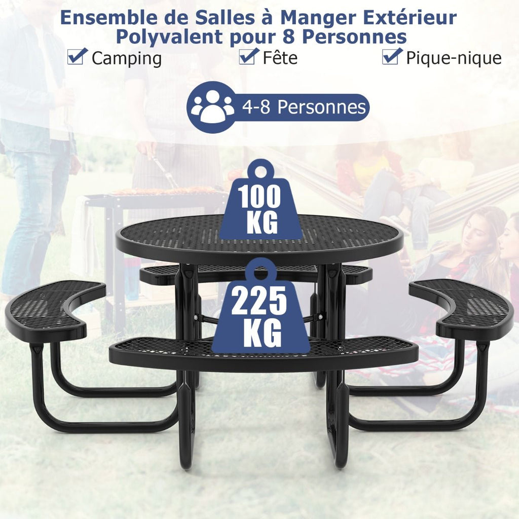 Table de Pique-Nique Ronde avec 4 Bancs Intégrés pour 8 Personnes Table de Camping en Métal avec Sièges et Trou pour Parasol 202x75cm Noir -