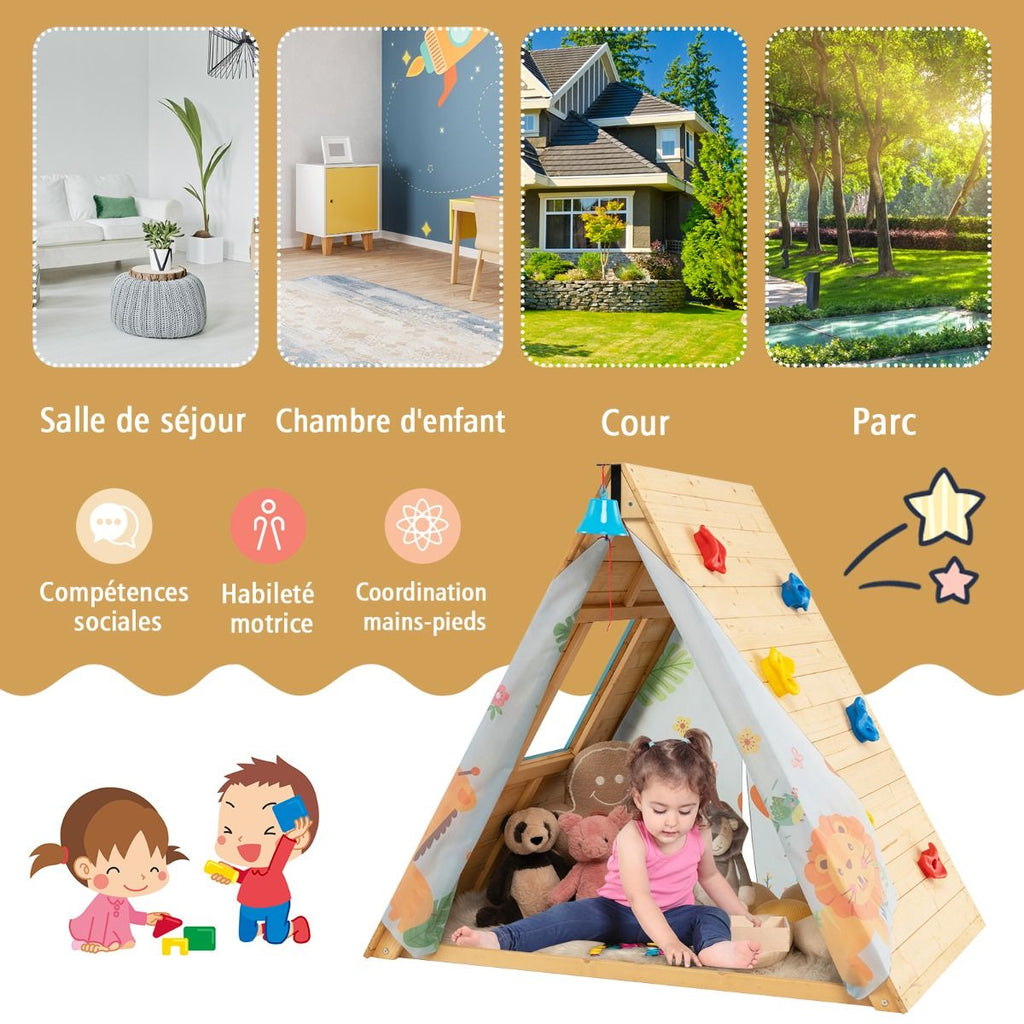 Maison de Jardin Enfants 2 en 1 avec Escalade Cloche Impermable Cabane en Bois de Sapin Exterieur et Intrieur 3-8 Ans -