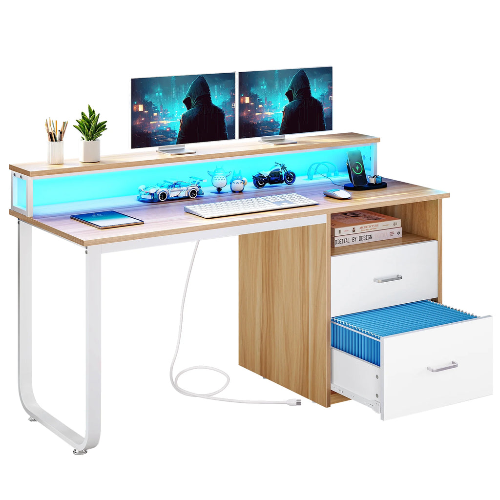 Dextrus 47 in Computer Desk with Storage Drawers & LED Light, Office Desk with Monitor Stand & Power Outlets, Work Study PC Desk for Small Spaces, Home Office, Oak